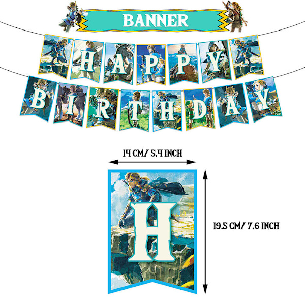 32 stk. Zelda-bursdagsfestdekor inkluderer banner og kaketopper