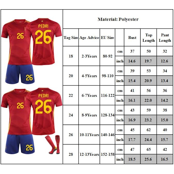 NO. 26 PEDRI Fotbollströja Set Barn T-shirt Shorts Strumpor Tröja för Barn Pojkar Småbarn 28