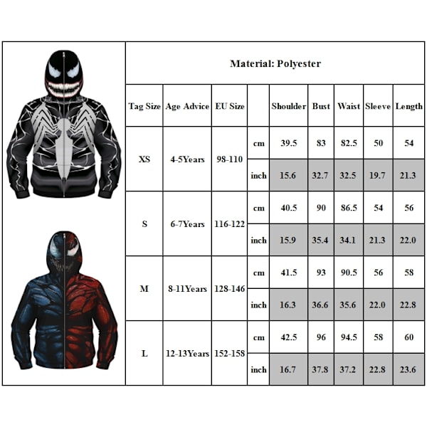 Barn Pojkar Venom 3D Print Jacka Full Zip Rolig Hoodie Huva Mask Kappa Ytterkläder Blue Red M