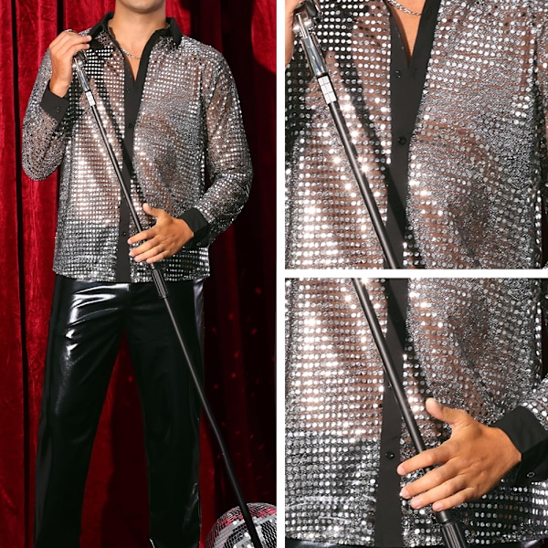Miesten kiiltävät paljetit Esityspaita Disco-tanssipaita Pitkähihainen napitettava retro 70-luvun paita Silver XL
