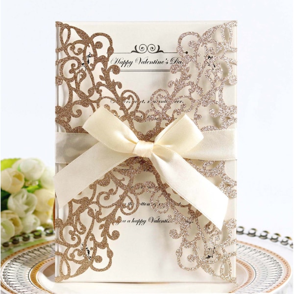 Glitter bröllopsinbjudningskort med kuverttomt och band Rose Gold 1-Pack