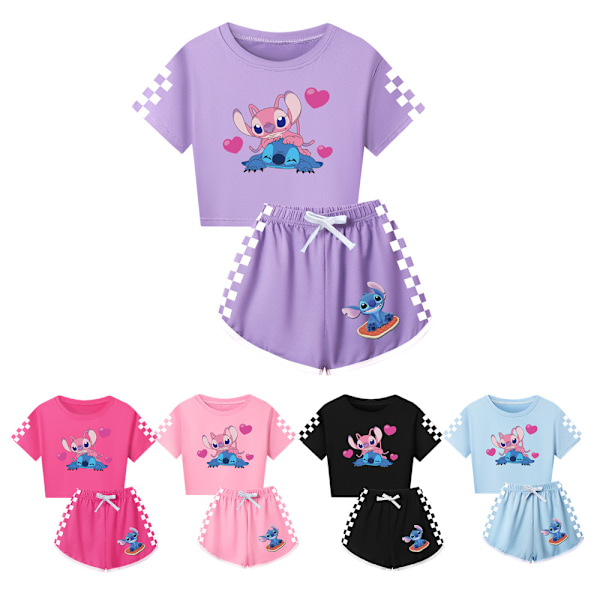 Barn Tecknad Stitch Tryckta Kläder Set T-shirt Shorts Pyjamas Sovkläder Loungekläder Sommar Casual Träningsdräkt Light Blue 110cm