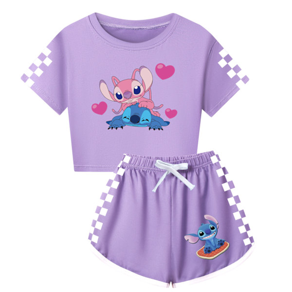 Barn Tecknad Stitch Tryckta Kläder Set T-shirt Shorts Pyjamas Sovkläder Loungekläder Sommar Casual Träningsdräkt Purple 140cm