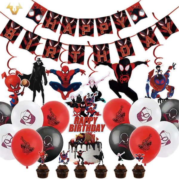 Grattis på födelsedagen Banner Dekorationer Ballonger Tårta Topper för barn Röd Vit Svart Spider-Man: Into the Spider-Verse