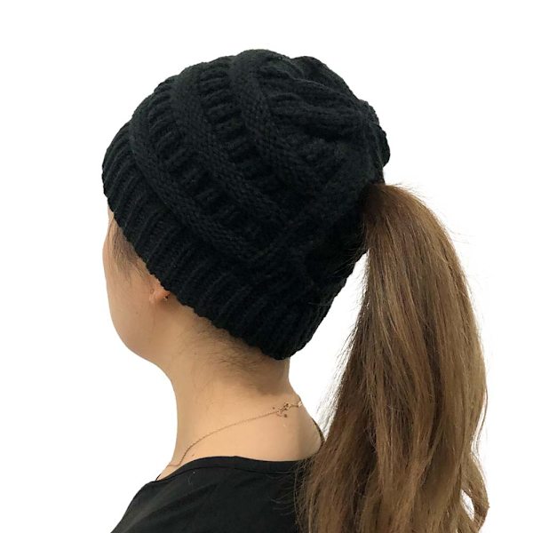 Vinter Kvinder Messy Bun Hestehale Strikket Hue Strækbar Beanie Hat black