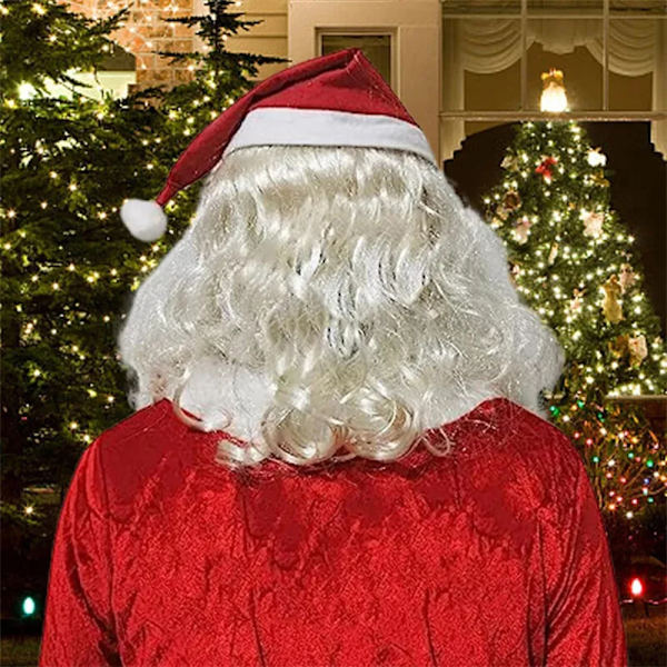 Jultomtemask med tomteluva och skägg, helhuvud för jul, födelsedag, bröllop, nyårsfest