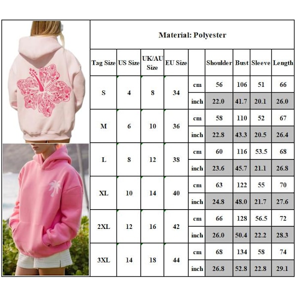 Palm Puff Överstora Hoodies för Kvinnor, Tonårsflickor Preppy Sweatshirt Långärmad Y2K Grafisk T-shirt med Fickor Rose Red 3XL