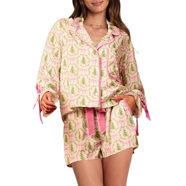 Dam 2-delad Julpyjamas Set med Fluga Långärmad Skjorta Rynkad Shorts Färgglada Tomtetryck Pyjamas Set Green M