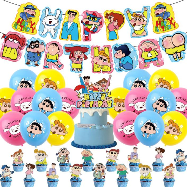 Crayon Shin-chan Födelsedagsfest Banner Cake Topper Ballonger Tillbehör Decors Kit