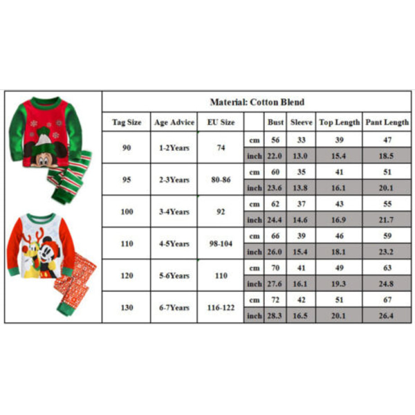 Jul Barn Unisex Mickey Mouse Pyjamas Set Xmas Långärmad Outfit Green Mickey 110cm