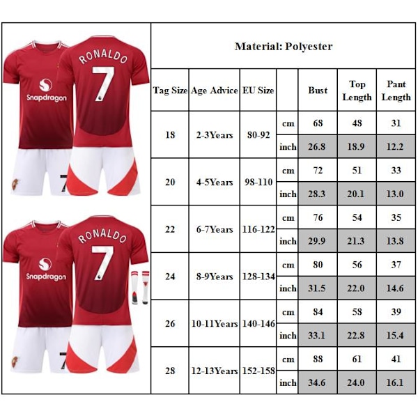 2024-2025 Red Devils Hemmatröja Sportkläder #7 Cristiano Ronaldo Barn Fotbollströja Kit Fotbollströjor Ungdom Träningskläder Fotbollsträning 20
