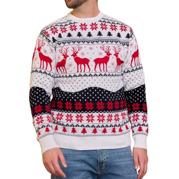Jouluinen collegepaita miehille naisille pariskunnille yhteensopiva ruma jouluneule pitkähihainen O-kaula-aukko porokuvioinen istuva neulepusero Men-White XL