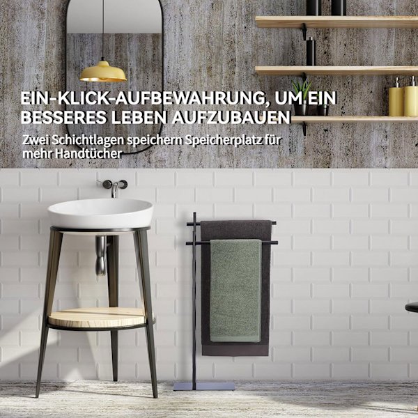 Håndklædeholder, fritstående håndklædestativ, badehåndklædeholder, badeværelseshåndklædestang, med 2 håndklædestænger, metal, sort