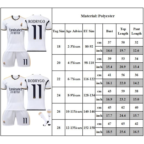 NO. 11 RODRYGO Lasten jalkapallopaita -setti T-paita Shortsit Sukat Pelipaita lapsille pojille taaperoille 22