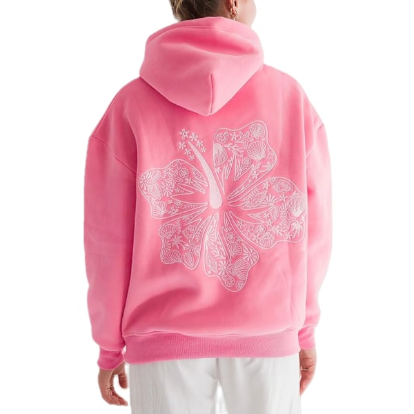 Palm Puff Överstora Hoodies för Kvinnor, Tonårsflickor Preppy Sweatshirt Långärmad Y2K Grafisk T-shirt med Fickor Rose Red XL