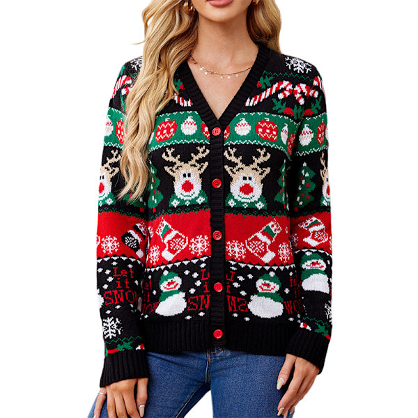 Dam Cardigan Tröjor Jul Knäppning Stickade Cardigans Casual Långärmad Jackor Plus Storlek Höstjackor Julgåvor Black L
