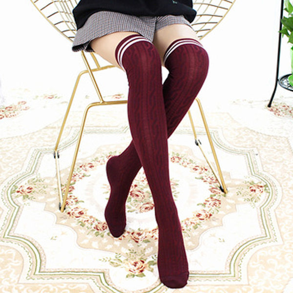 Dame Sexy Stretch Stripete Vridde Strømper Vinter Utendørs Red Wine