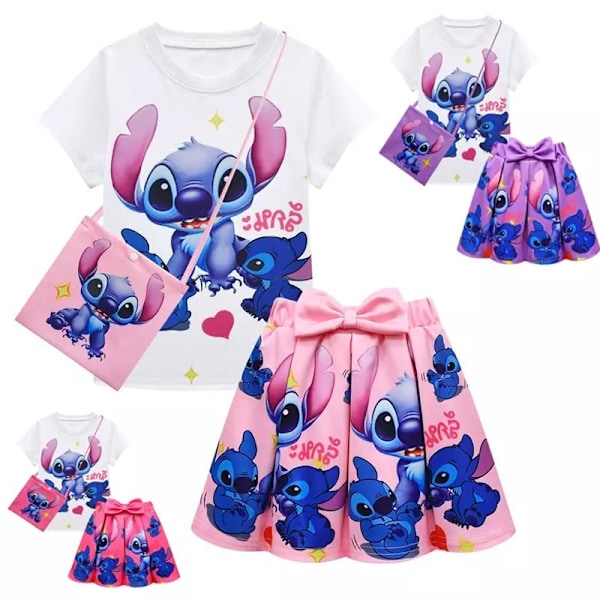 Lasten Lilo & Stitch -asut Syntymäpäiväjuhlat Prinsessa Tutu Hame + T-paita + Olkalaukku Settimekko Ikä 4-9 vuotta Rose Red 140cm