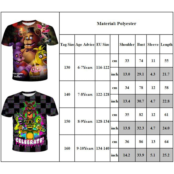 Kids FNAF Five Nights at Freddy's Print Boys Girls Summer Short Sleeve T-Shirt D 140cm