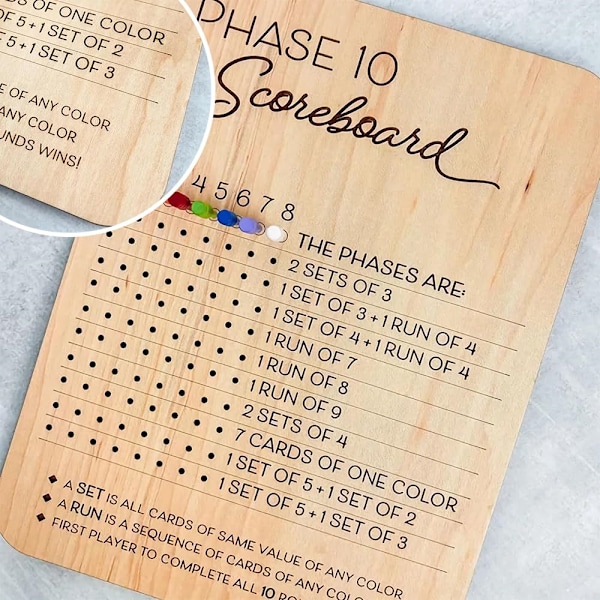 Phase 10 -tulostaulu, puinen Phase 10 -tulostaulu 8 värillisellä tapilla lautapeleihin
