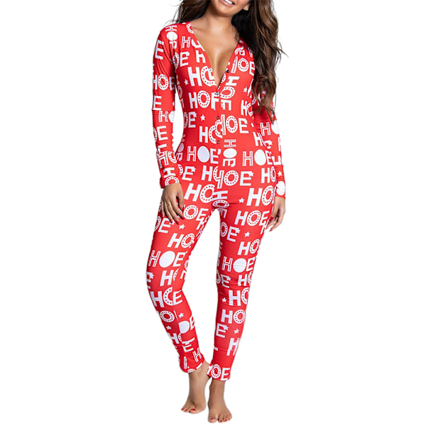 Dam Jumpsuit med Långärmad Knappar, Jultema, Elgtryck, Casual, En-Delad Pyjamas, Raka Ben, Långa Byxor, Hemkläder, Sovkläder Letter L