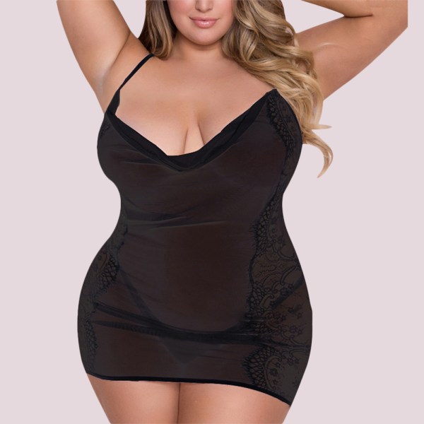 Dam Plus Size Lingerie Sling Kort Klänning Genomskinlig Nattkläder Black 5XL