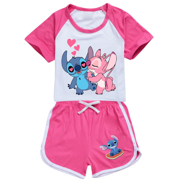 Barn Tecknad Lilo & Stitch Tryckta Kläder Set T-shirt Shorts Pyjamas Sovkläder Loungekläder Sommar Casual Träningsdräkt Rose Red 120cm