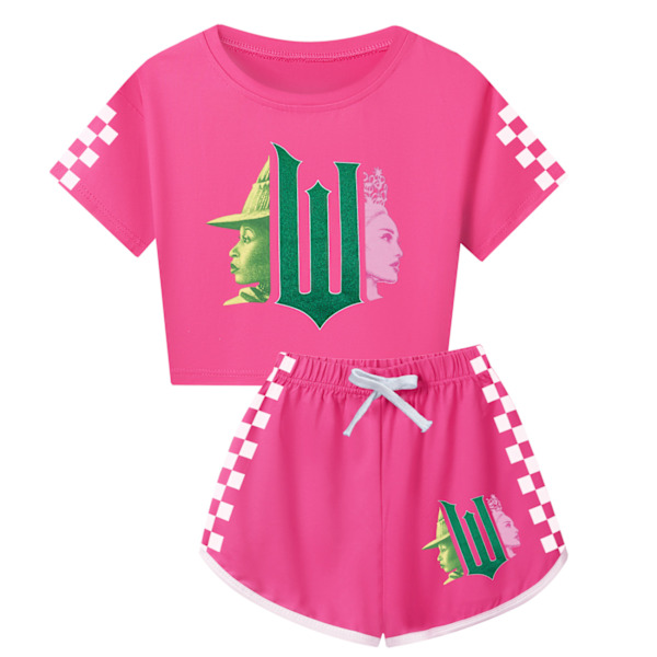 Barn Tecknad Häxa Tryck Klädset T-shirt Shorts Pyjamas Sovkläder Loungewear Sommar Casual Träningsdräkt Rose Red 130cm
