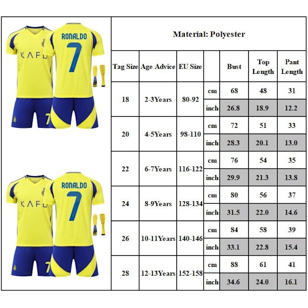 24-25 Al-Nassr FC Fotbollströja Set Barn Nr. 7 Ronaldo Fotbollsträningsuniform Pojkar Träningsdräkt 24