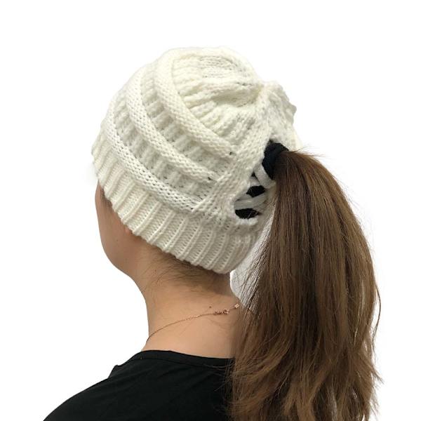 Vinter Kvinder Messy Bun Hestehale Strikket Hue Strækbar Beanie Hat white