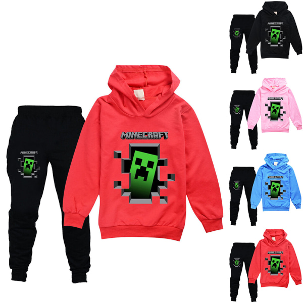 Barn Minecraft Casual träningsoverall Set Sport Hoodie Byxor Outfit red 150cm