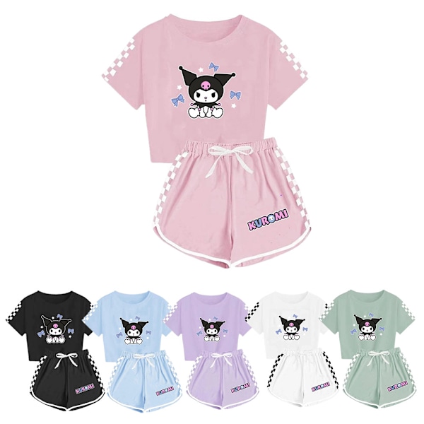 Barn Tecknad Kuromi Tryckta Kläder Set T-shirt Shorts Pyjamas Sovkläder Loungekläder Sommar Casual Träningsdräkt Pink 160cm