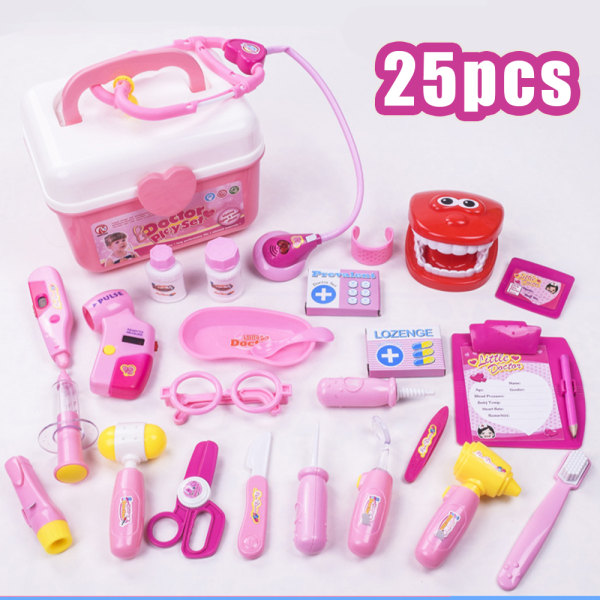 25 ST Kids Doktor Sjuksköterska Toys Medical Set Hård Case För 3+ Pink