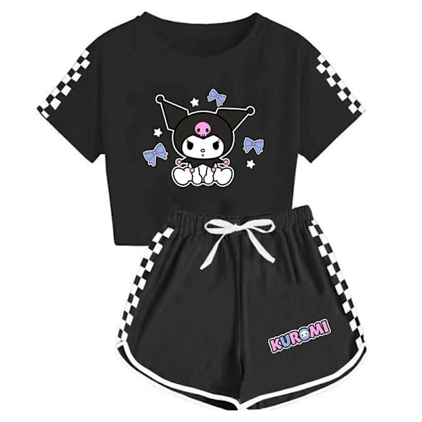 Barn Tecknad Kuromi Tryckta Kläder Set T-shirt Shorts Pyjamas Sovkläder Loungekläder Sommar Casual Träningsdräkt Black 160cm
