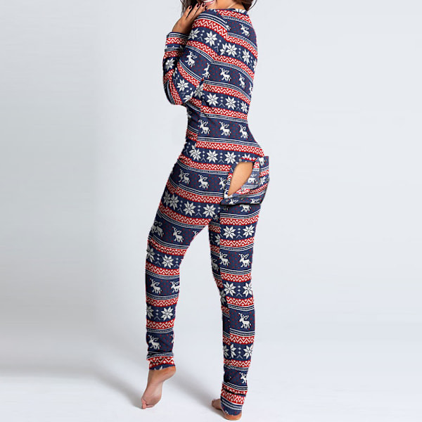 Dam Jumpsuit med Långärmad Knappar, Jultema, Elgtryck, Casual, En-Delad Pyjamas, Raka Ben, Långa Byxor, Hemkläder, Sovkläder Royal Blue M