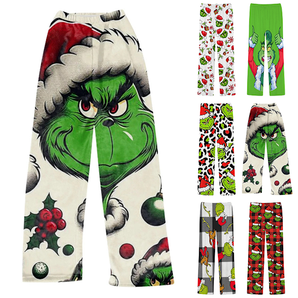 Julklappspysjamasbyxor för kvinnor, jultryck, pyjamasbyxor, vida ben, dragsko, semesterflanell, nattkläder D M