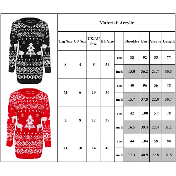 Julklappsklänning för kvinnor, långärmad O-ringad jacquard-stickad miniklänning Red M