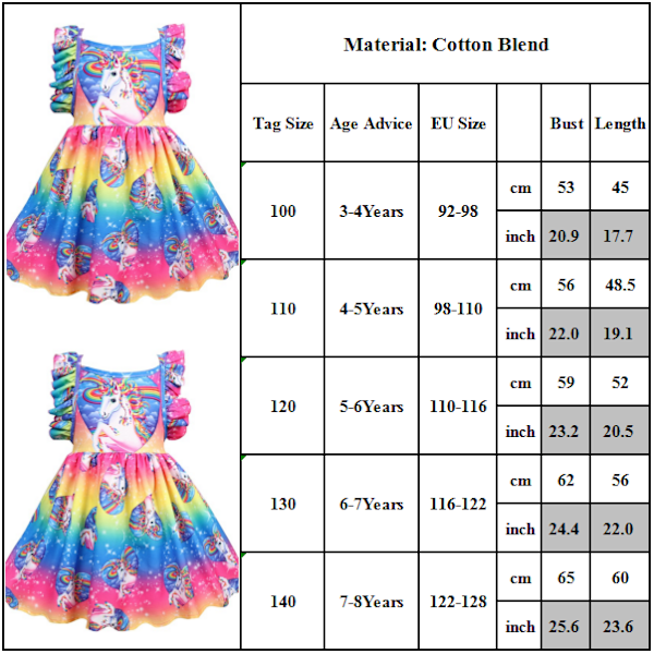 Enhjørning Pigekjole Tutu Regnbue Prinsesse Fest Kostume Outfit 130cm