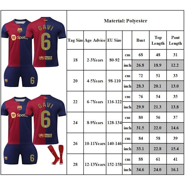 NO. 6 GAVI Fotbollströja Set för Barn T-shirt Shorts Strumpor Tröja för Barn Pojkar Småbarn 22