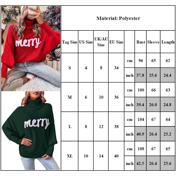 Damjultröja med hög hals, löst fladdermusärm, julmotiv, stickad tröja för höst och vinter, damtopp, korta tröjor Dark Green XL