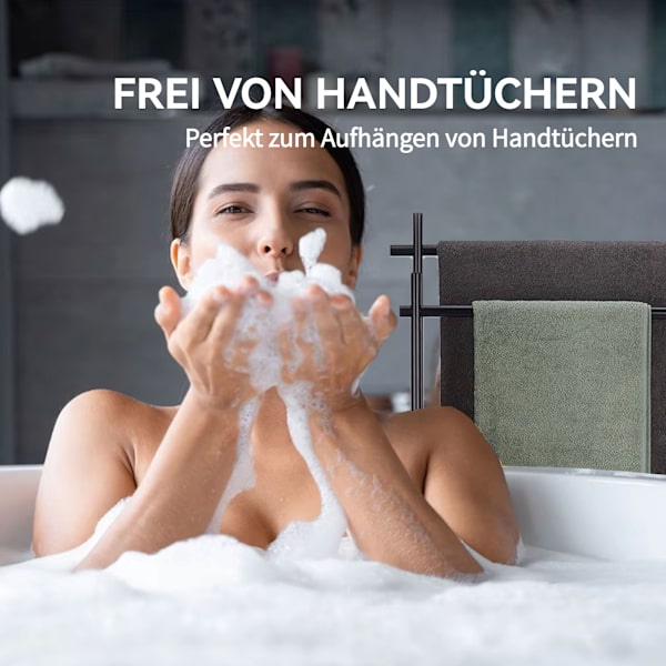 Håndklædeholder, fritstående håndklædestativ, badehåndklædeholder, badeværelseshåndklædestang, med 2 håndklædestænger, metal, sort