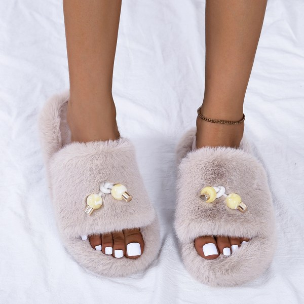 Damtofflor i plysch med platt botten i plysch khaki 38