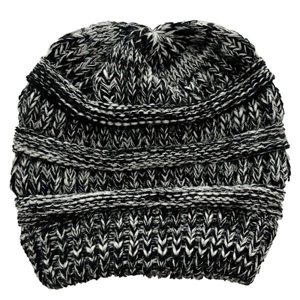 Vinter Kvinder Messy Bun Hestehale Strikket Hue Strækbar Beanie Hat Black Flowers