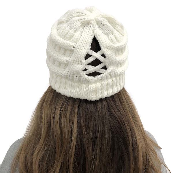 Vinter Kvinder Messy Bun Hestehale Strikket Hue Strækbar Beanie Hat white