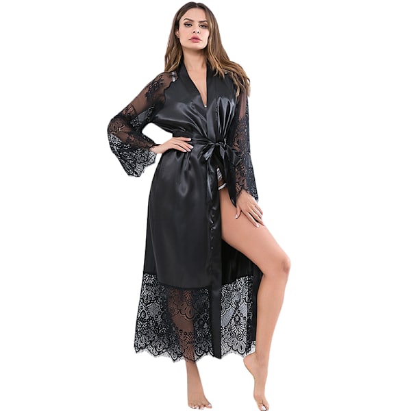 Dam Silkeslen Spets Sexig Underkläder Robes Lace Up Nattkläder Black L