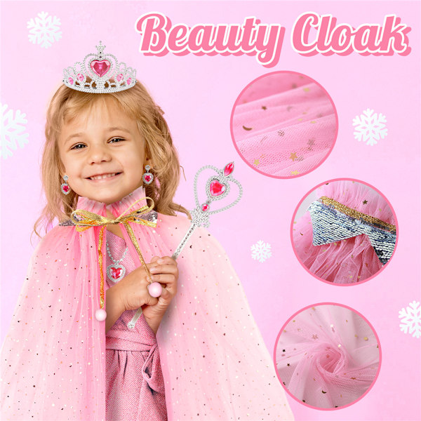 Klännings-Cosplay Leksaker för Flickor, Prinsessklänning Uppklädningskläder Kappklänning Set, Lek-Prinsessklänning Kappa Smycken Krona Trollstav A