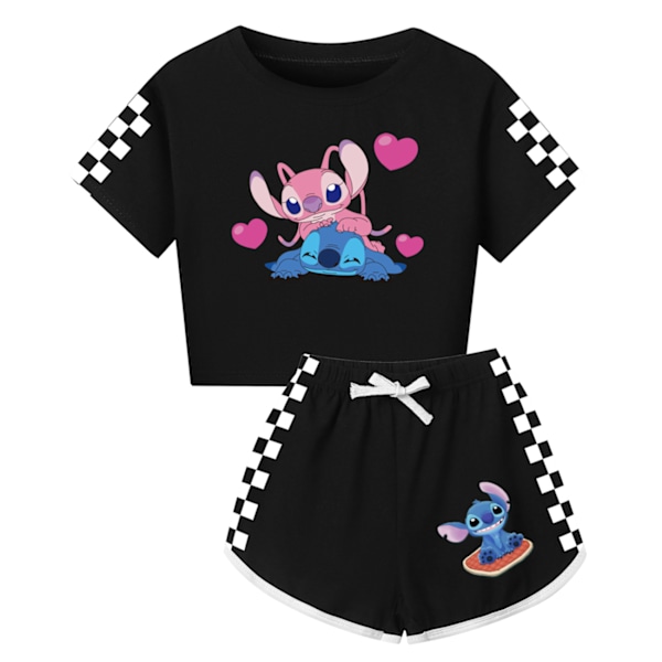 Barn Tecknad Stitch Tryckta Kläder Set T-shirt Shorts Pyjamas Sovkläder Loungekläder Sommar Casual Träningsdräkt Black 130cm