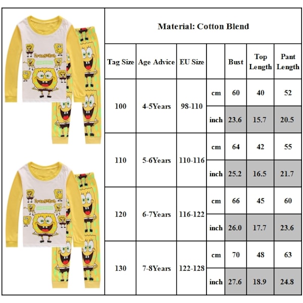 Barn SpongeBob SquarePants Pyjamas Pjs Långärmad T-shirt + Byxor Sovkläder Set 130cm