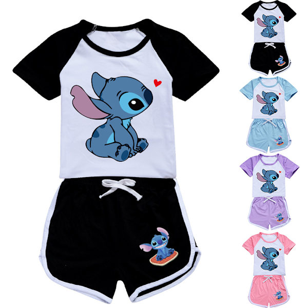 Barn Lilo och Stitch T-shirt Shorts Nattkläder Set Casual Pojkar Flickor Sovkläder Black 13-14 Years
