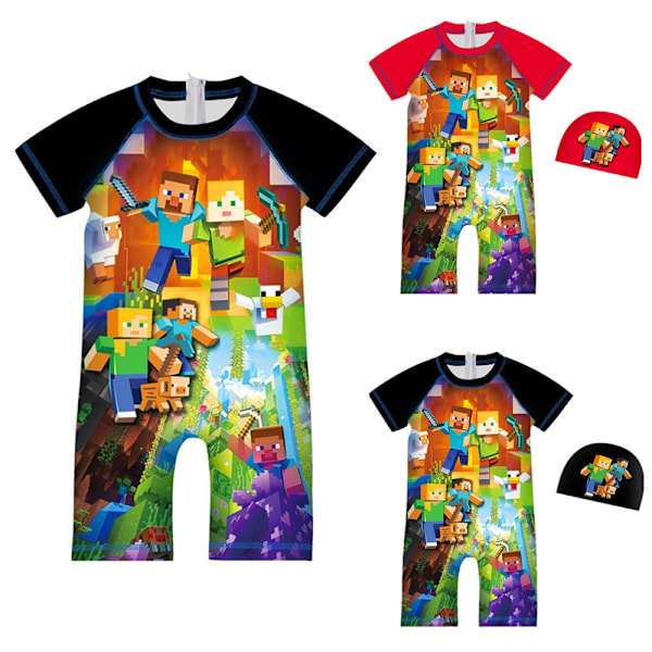 Minecraft Barn Pojkar Baddräkt Hel Baddräkt Surfdräkt Med Badmössa Badkläder Black 110cm